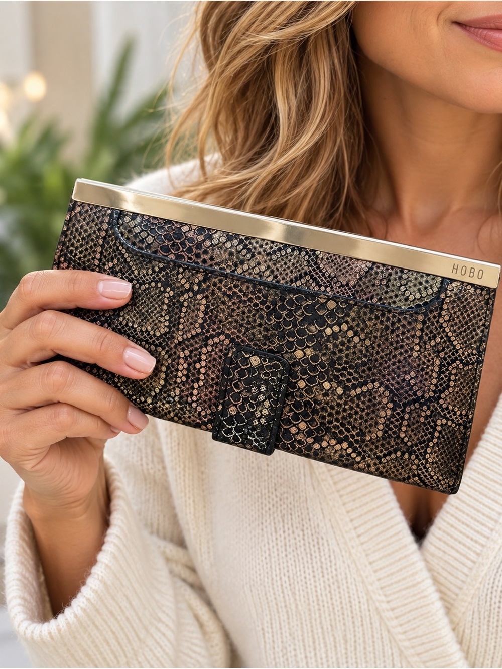 HOBO Metallic Snake-Print Wallet Clutch in Black and Gold
